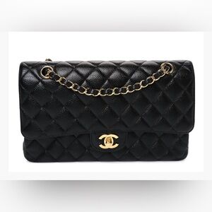 CC Black Quilted Shoulder Bag with Gold Accents